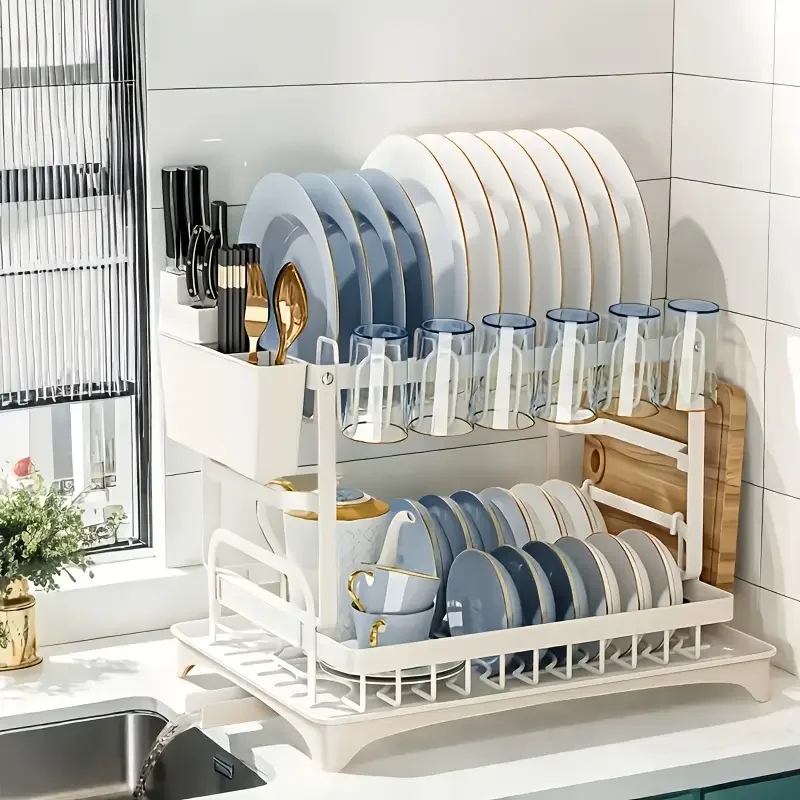 Multi-functional Dish Drying Rack, Kitchen Storage Organiser for Plates & Bowls, Snap-On Design, No-Drill Install