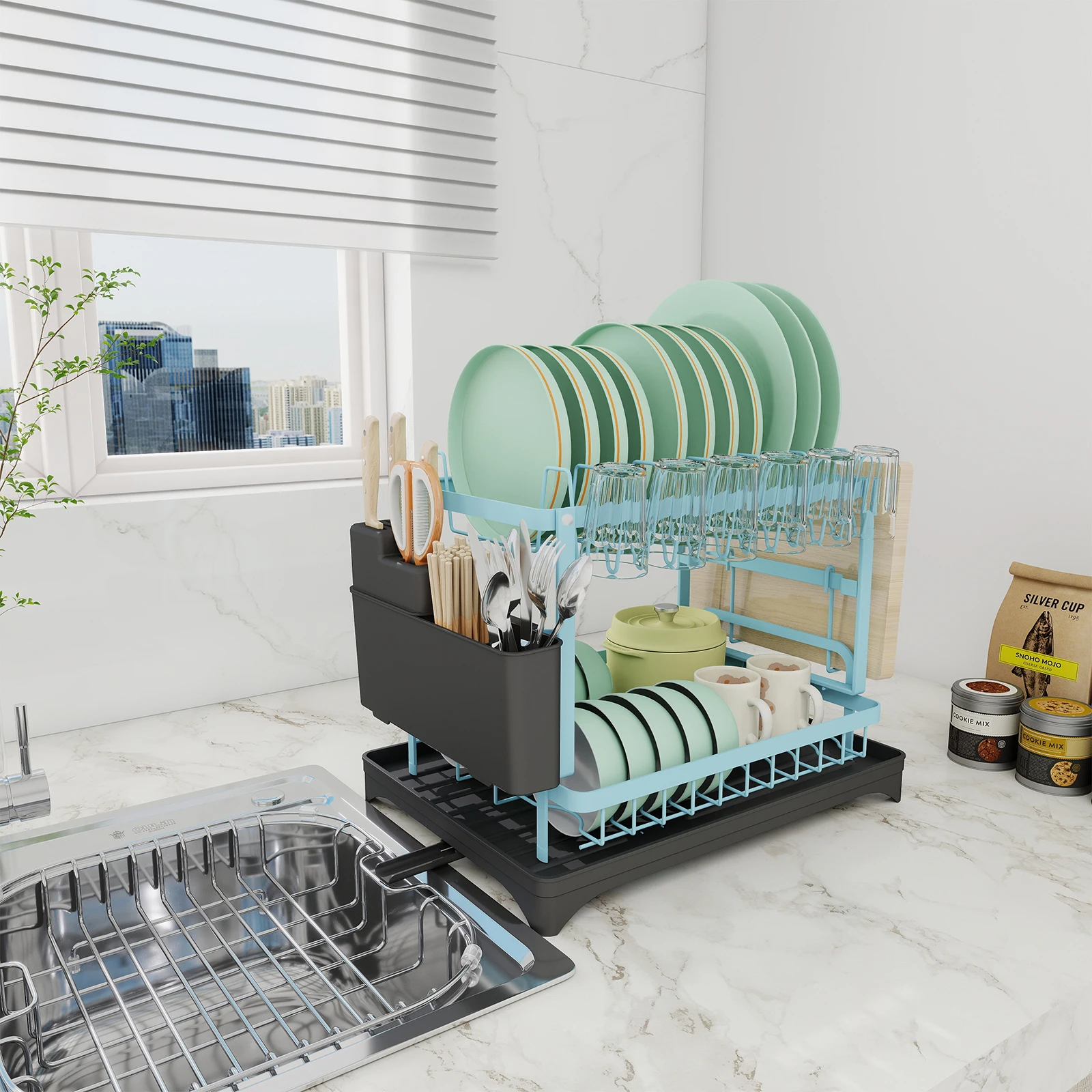 Multi-functional Dish Drying Rack, Kitchen Storage Organiser for Plates & Bowls, Snap-On Design, No-Drill Install