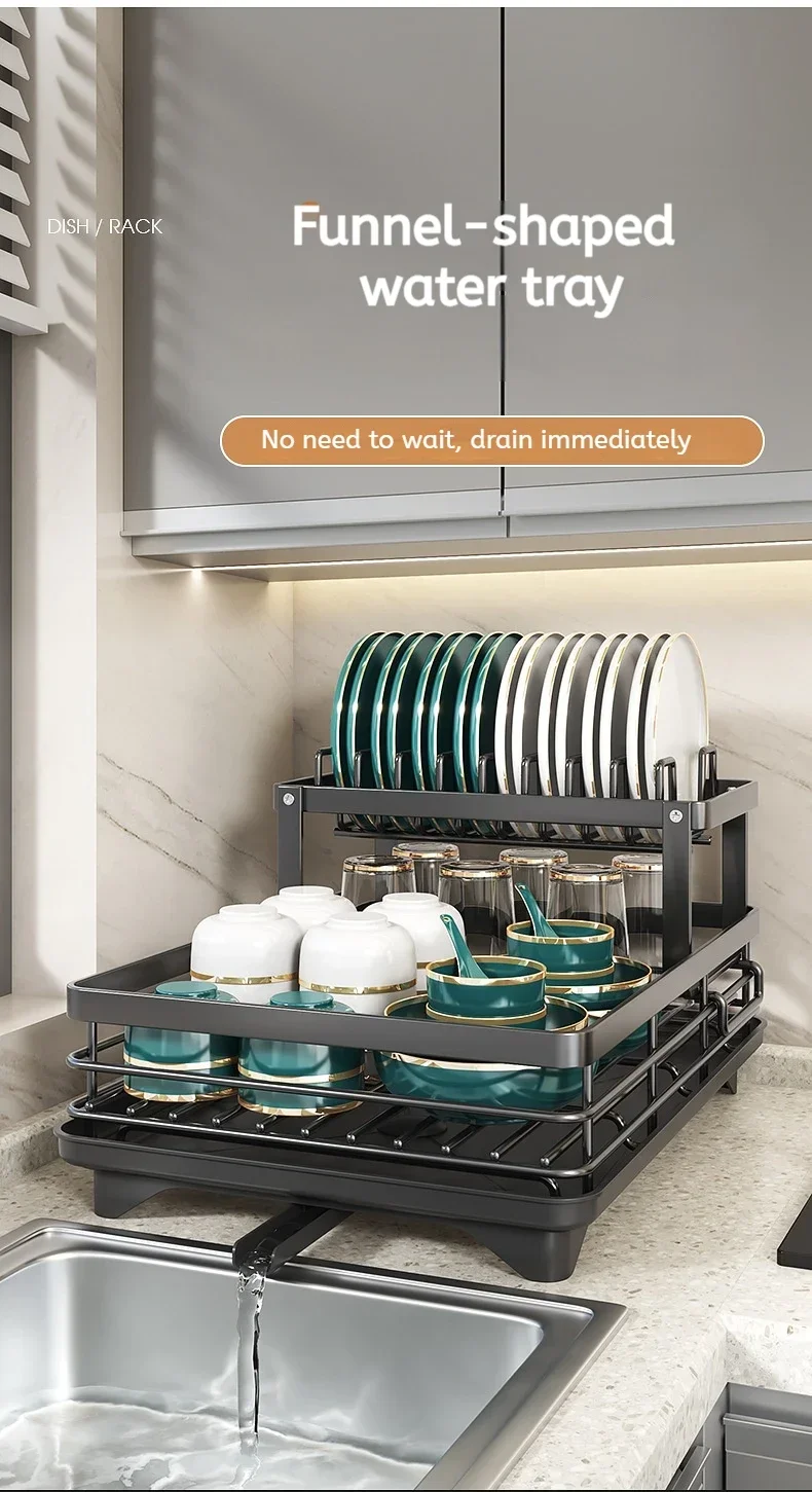 Multifunctional Kitchen Dish Drying Rack Adjustable Over Sink Plate Organizer with Removable Drainboard
