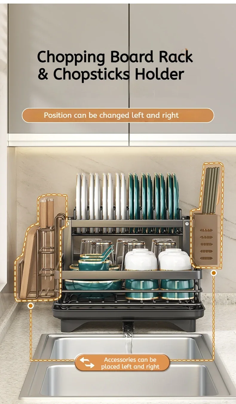 Multifunctional Kitchen Dish Drying Rack Adjustable Over Sink Plate Organizer with Removable Drainboard