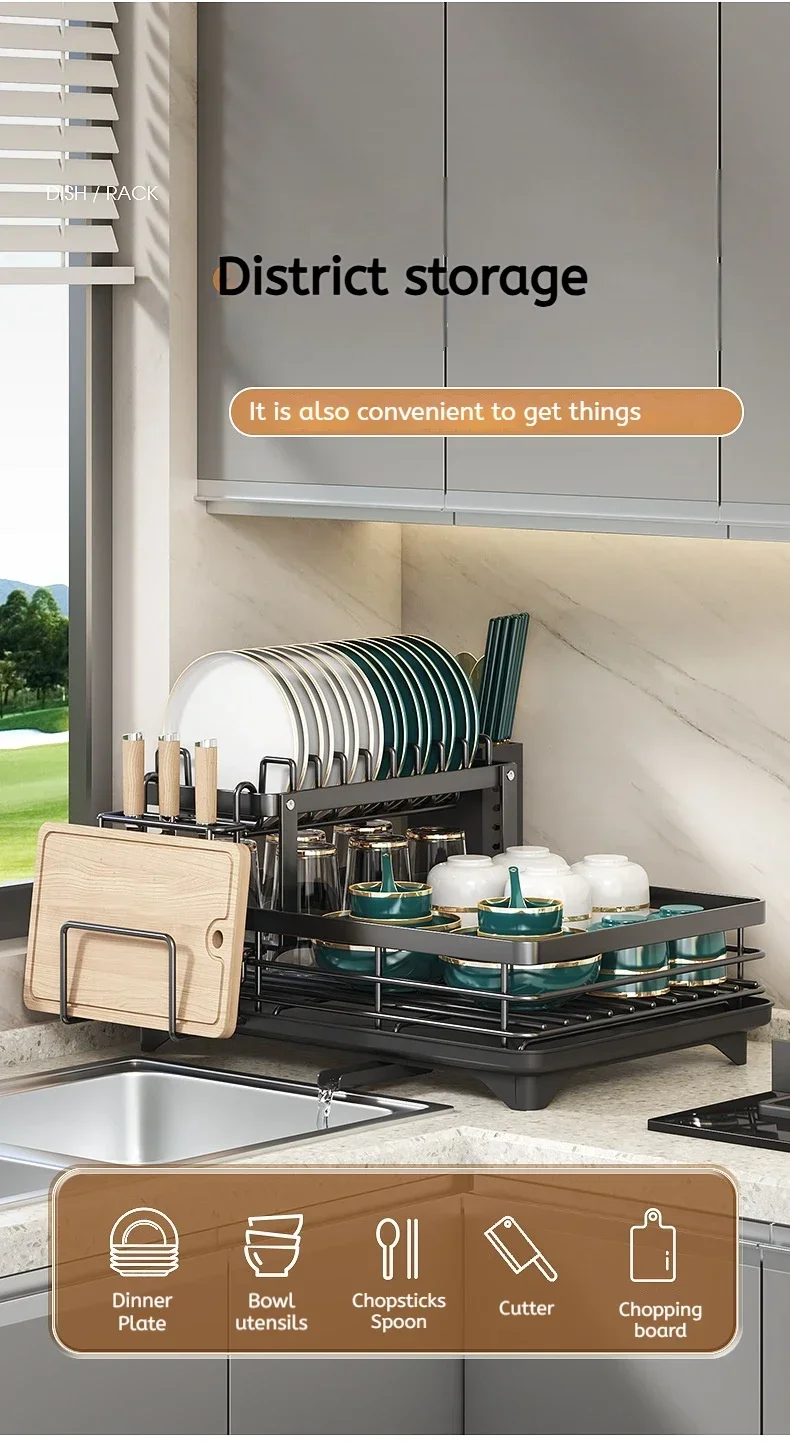 Multifunctional Kitchen Dish Drying Rack Adjustable Over Sink Plate Organizer with Removable Drainboard