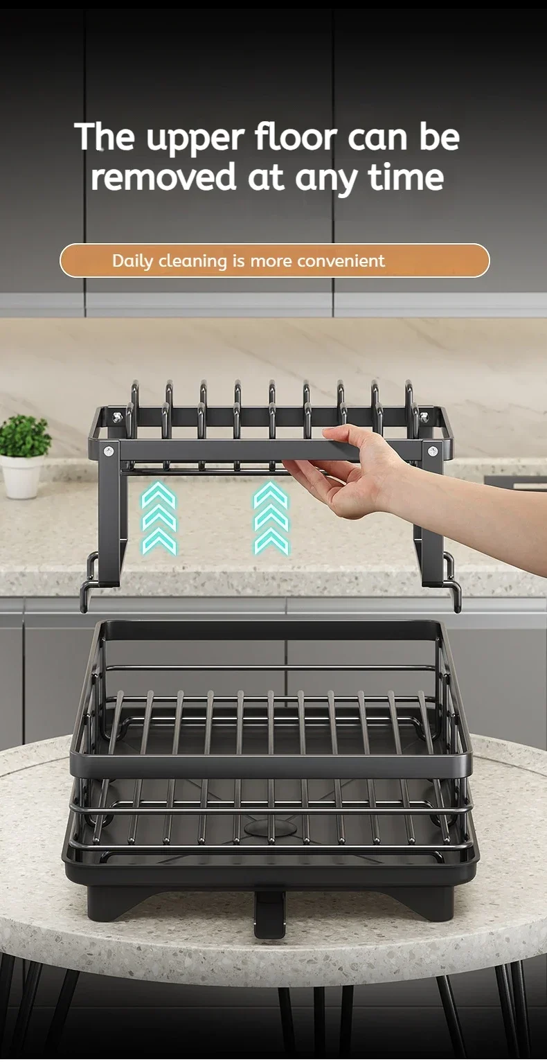 Multifunctional Kitchen Dish Drying Rack Adjustable Over Sink Plate Organizer with Removable Drainboard
