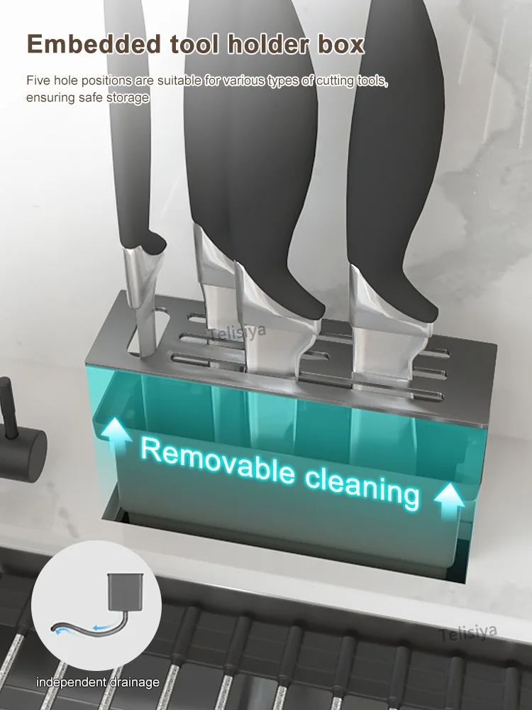 Multifunctional Large Single Slot Stainless Steel Kitchen Sink With Knife Holder