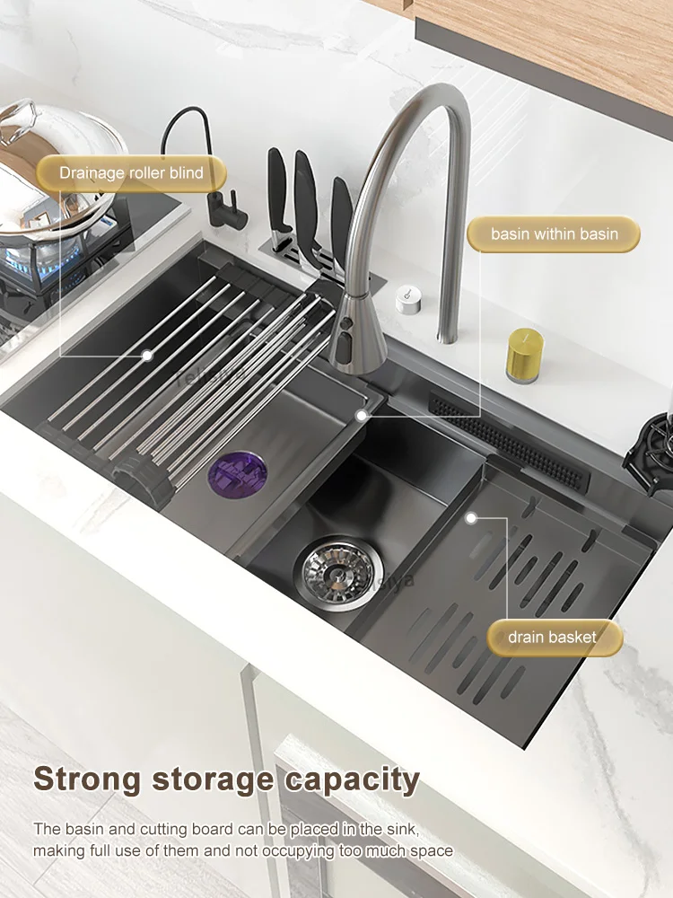 Multifunctional Large Single Slot Stainless Steel Kitchen Sink With Knife Holder