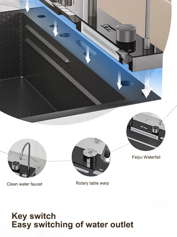 Multifunctional Sinks Stainless Steel Waterfall Kitchen Sink Includes 120 × 50 cm Large Single Slot Digital Display Faucet Set Multifunctional Sinks Stainless Steel Waterfall Kitchen Sink Includes 120 × 50 cm Large Single Slot Digital Display Faucet Set