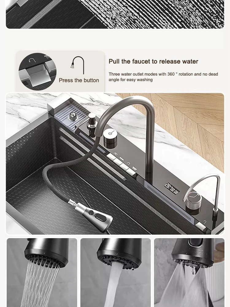 Multifunctional Sinks Stainless Steel Waterfall Kitchen Sink Includes 120 × 50 cm Large Single Slot Digital Display Faucet Set Multifunctional Sinks Stainless Steel Waterfall Kitchen Sink Includes 120 × 50 cm Large Single Slot Digital Display Faucet Set