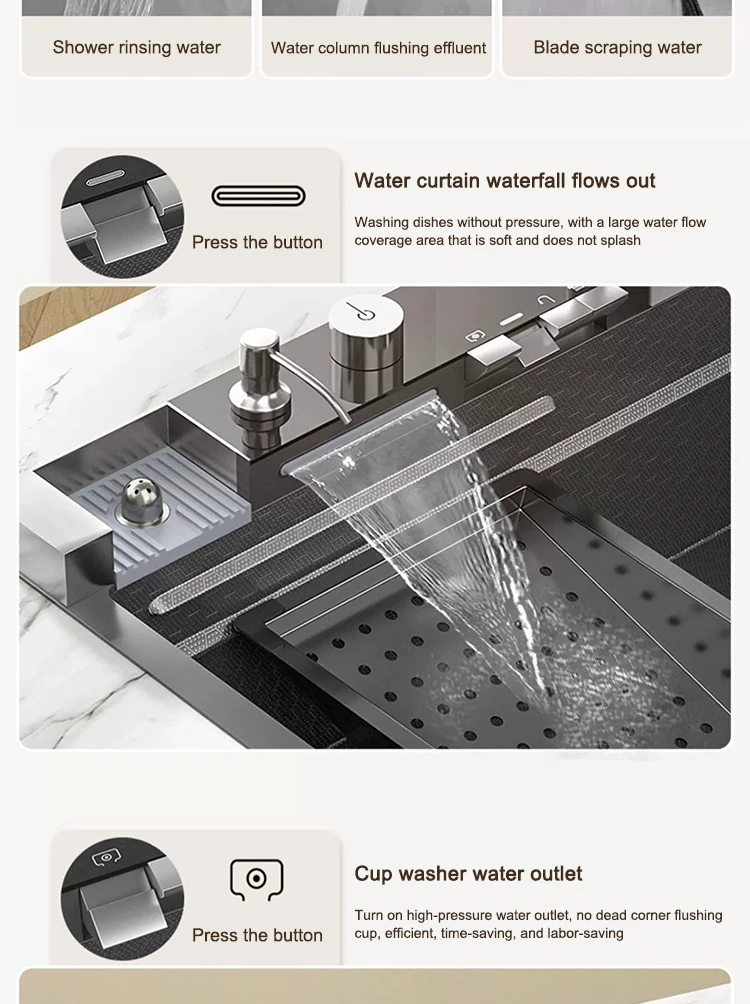 Multifunctional Sinks Stainless Steel Waterfall Kitchen Sink Includes 120 × 50 cm Large Single Slot Digital Display Faucet Set Multifunctional Sinks Stainless Steel Waterfall Kitchen Sink Includes 120 × 50 cm Large Single Slot Digital Display Faucet Set