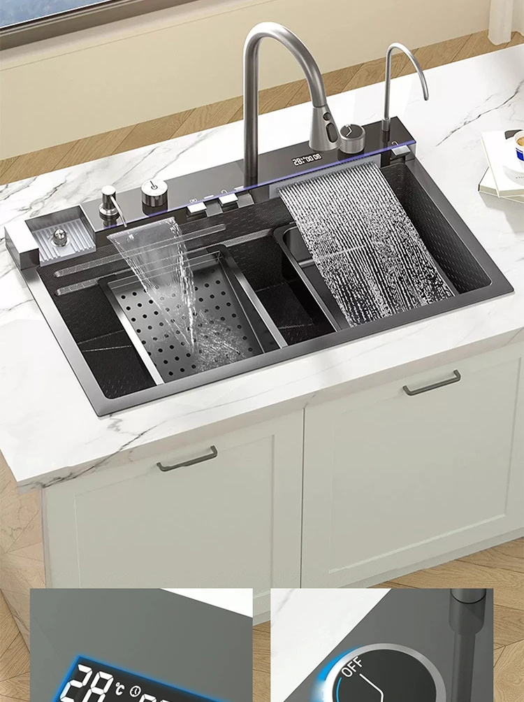 Multifunctional Sinks Stainless Steel Waterfall Kitchen Sink Includes 120 × 50 cm Large Single Slot Digital Display Faucet Set Multifunctional Sinks Stainless Steel Waterfall Kitchen Sink Includes 120 × 50 cm Large Single Slot Digital Display Faucet Set