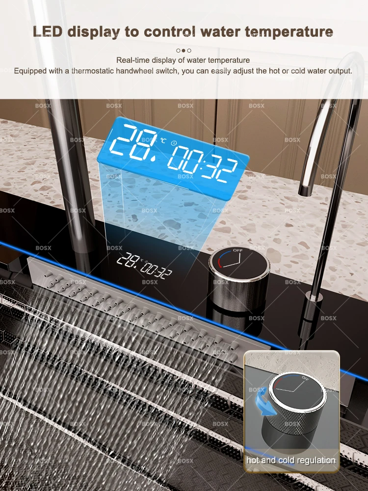 Multifunctional Sinks Stainless Steel Waterfall Kitchen Sink Includes 120 × 50 cm Large Single Slot Digital Display Faucet Set Multifunctional Sinks Stainless Steel Waterfall Kitchen Sink Includes 120 × 50 cm Large Single Slot Digital Display Faucet Set
