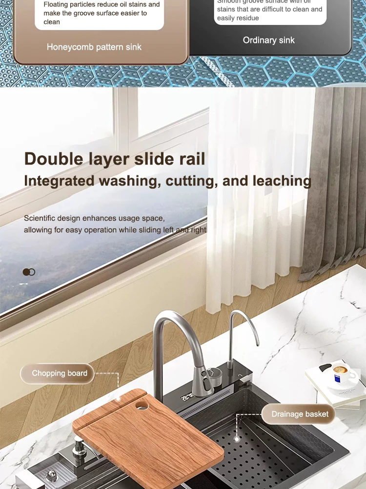 Multifunctional Sinks Stainless Steel Waterfall Kitchen Sink Includes 120 × 50 cm Large Single Slot Digital Display Faucet Set Multifunctional Sinks Stainless Steel Waterfall Kitchen Sink Includes 120 × 50 cm Large Single Slot Digital Display Faucet Set