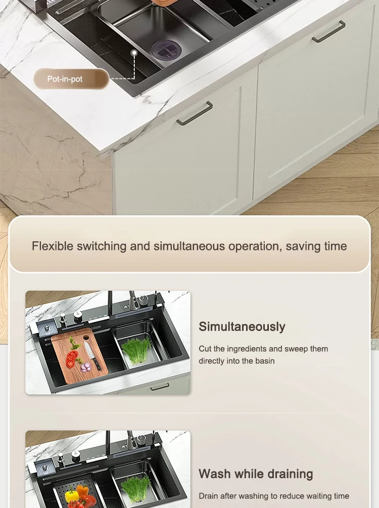 Multifunctional Sinks Stainless Steel Waterfall Kitchen Sink Includes 120 × 50 cm Large Single Slot Digital Display Faucet Set Multifunctional Sinks Stainless Steel Waterfall Kitchen Sink Includes 120 × 50 cm Large Single Slot Digital Display Faucet Set