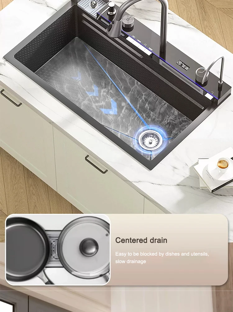 Multifunctional Sinks Stainless Steel Waterfall Kitchen Sink Includes 120 × 50 cm Large Single Slot Digital Display Faucet Set Multifunctional Sinks Stainless Steel Waterfall Kitchen Sink Includes 120 × 50 cm Large Single Slot Digital Display Faucet Set