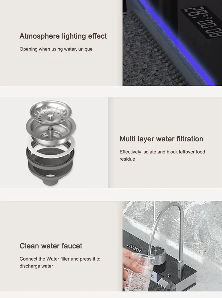 Multifunctional Sinks Stainless Steel Waterfall Kitchen Sink Includes 120 × 50 cm Large Single Slot Digital Display Faucet Set Multifunctional Sinks Stainless Steel Waterfall Kitchen Sink Includes 120 × 50 cm Large Single Slot Digital Display Faucet Set