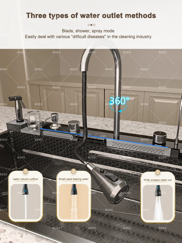 Multifunctional Sinks Stainless Steel Waterfall Kitchen Sink Includes 120 × 50 cm Large Single Slot Digital Display Faucet Set Multifunctional Sinks Stainless Steel Waterfall Kitchen Sink Includes 120 × 50 cm Large Single Slot Digital Display Faucet Set