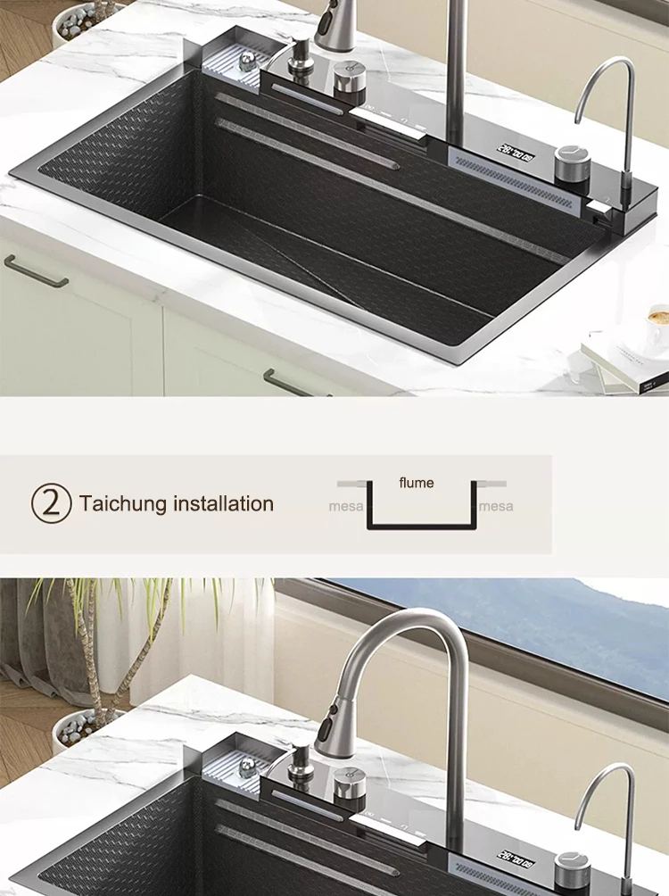 Multifunctional Sinks Stainless Steel Waterfall Kitchen Sink Includes 120 × 50 cm Large Single Slot Digital Display Faucet Set Multifunctional Sinks Stainless Steel Waterfall Kitchen Sink Includes 120 × 50 cm Large Single Slot Digital Display Faucet Set