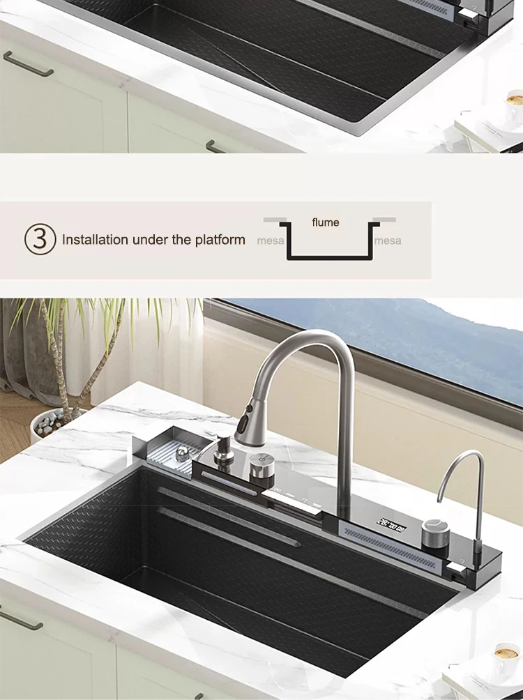 Multifunctional Sinks Stainless Steel Waterfall Kitchen Sink Includes 120 × 50 cm Large Single Slot Digital Display Faucet Set Multifunctional Sinks Stainless Steel Waterfall Kitchen Sink Includes 120 × 50 cm Large Single Slot Digital Display Faucet Set