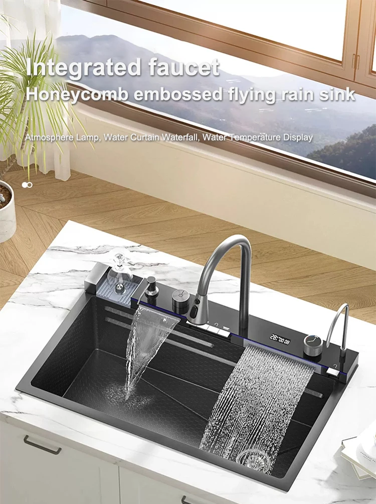 Multifunctional Sinks Stainless Steel Waterfall Kitchen Sink Includes 120 × 50 cm Large Single Slot Digital Display Faucet Set Multifunctional Sinks Stainless Steel Waterfall Kitchen Sink Includes 120 × 50 cm Large Single Slot Digital Display Faucet Set