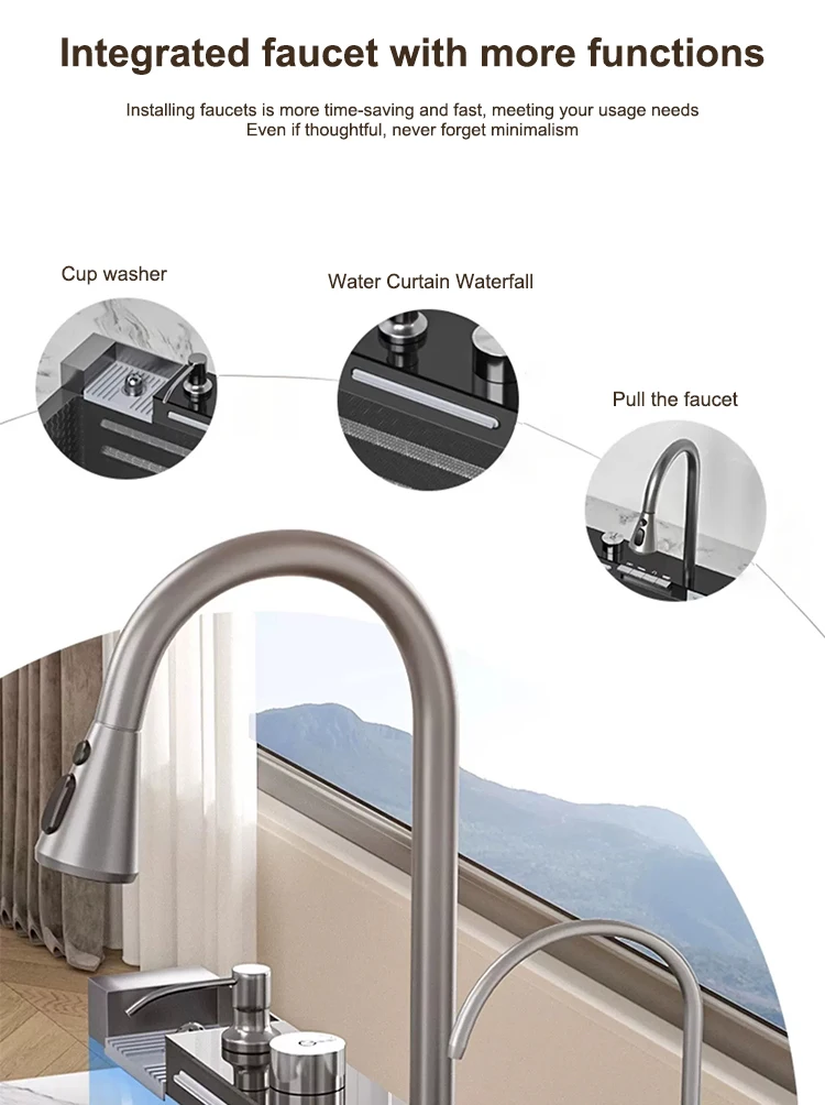 Multifunctional Sinks Stainless Steel Waterfall Kitchen Sink Includes 120 × 50 cm Large Single Slot Digital Display Faucet Set Multifunctional Sinks Stainless Steel Waterfall Kitchen Sink Includes 120 × 50 cm Large Single Slot Digital Display Faucet Set
