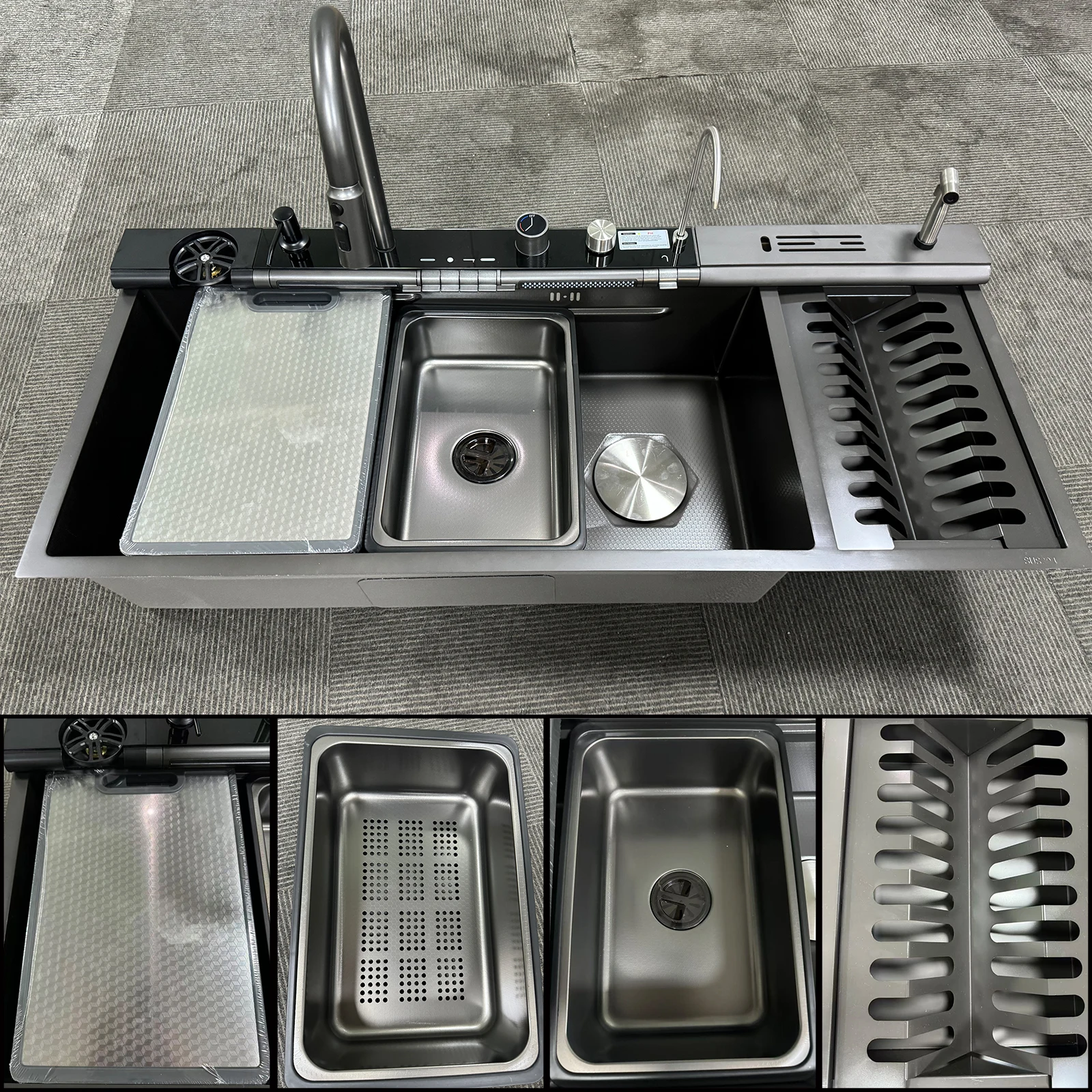 Multifunctional Sinks Stainless Steel Waterfall Kitchen Sink Includes 120 × 50 cm Large Single Slot Digital Display Faucet Set Multifunctional Sinks Stainless Steel Waterfall Kitchen Sink Includes 120 × 50 cm Large Single Slot Digital Display Faucet Set