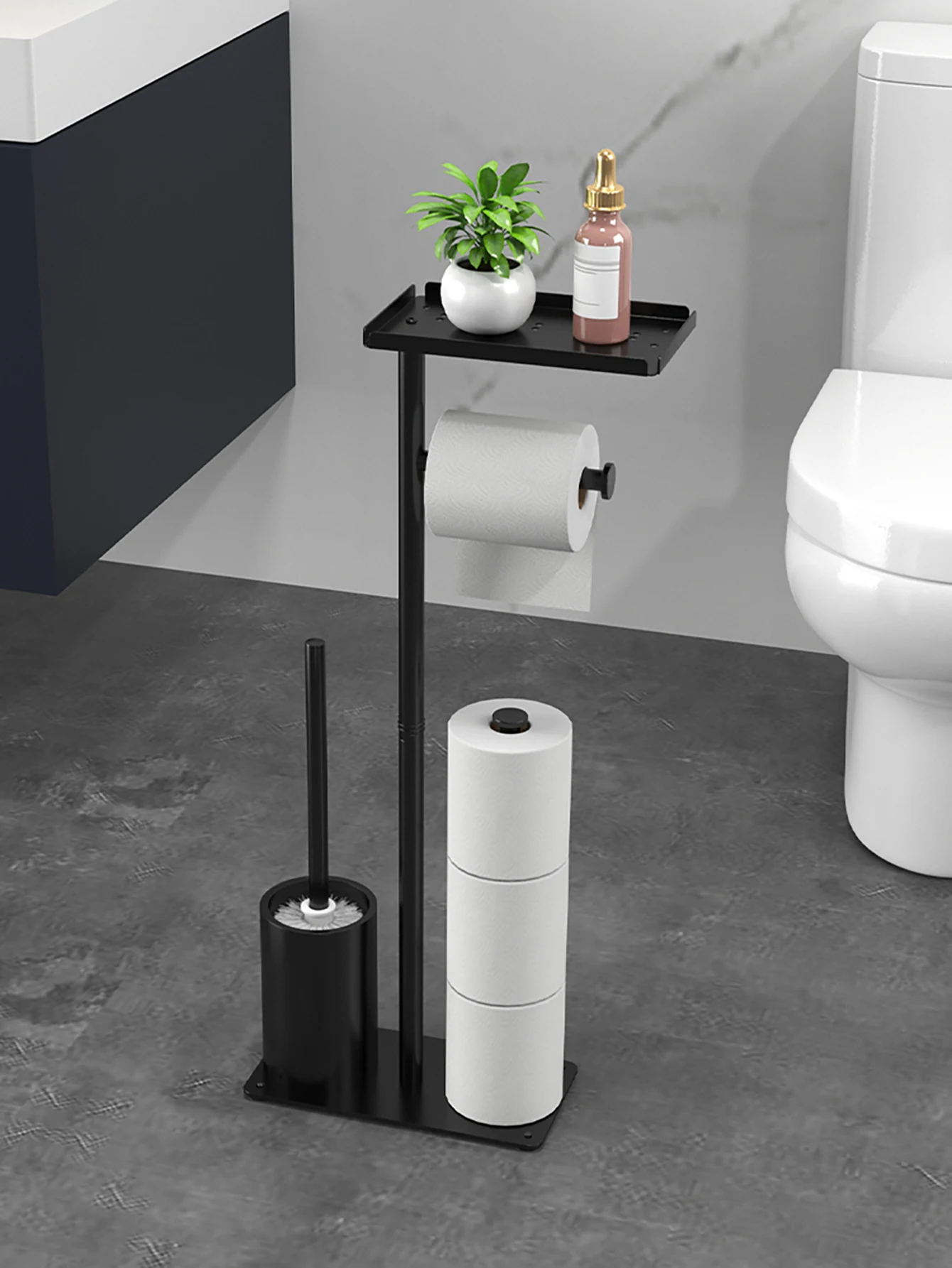 Multifunctional Vertical Toilet Paper Holder with Storage Tray And Magnetic Bracket Floor Standing Tissue Organizer