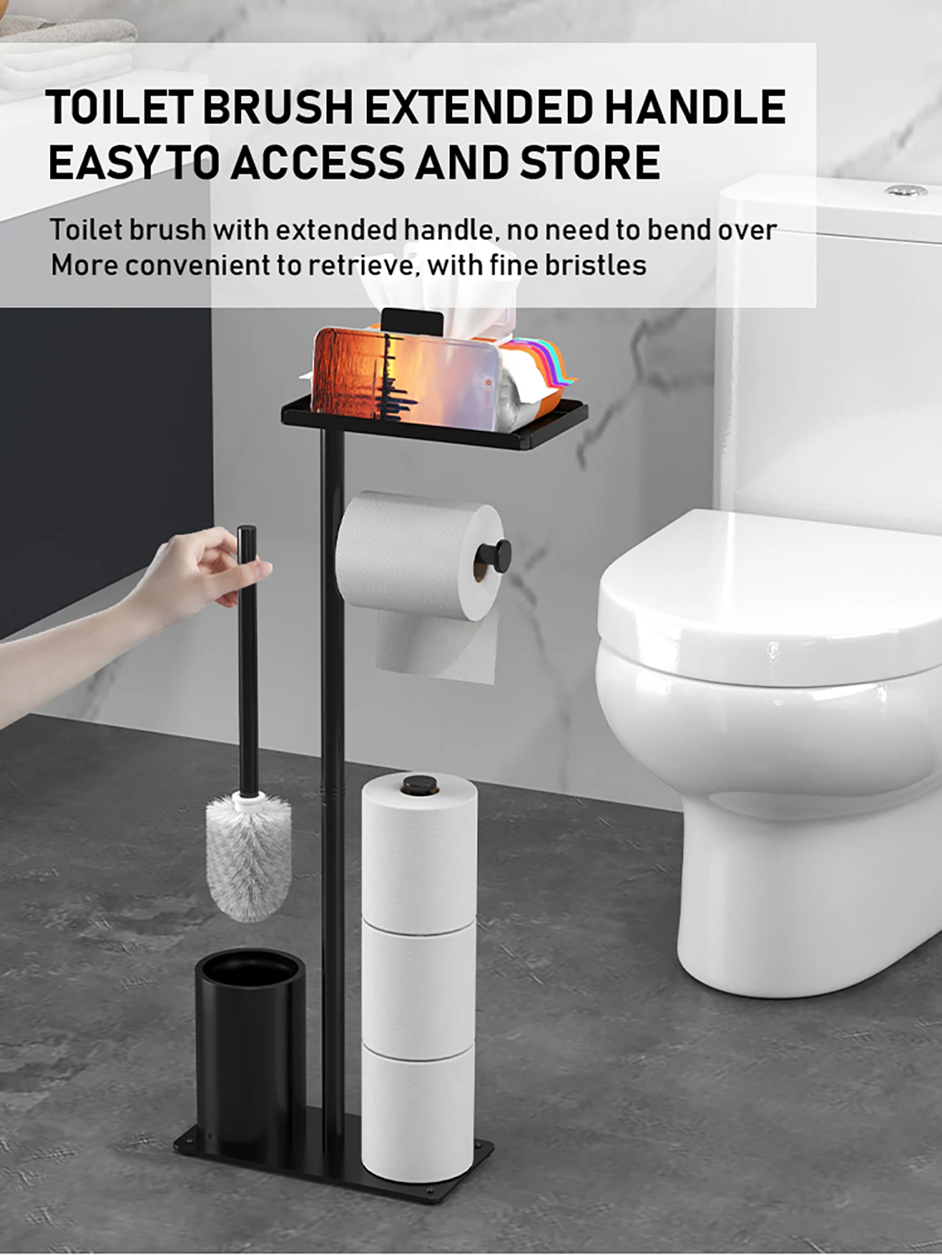 Multifunctional Vertical Toilet Paper Holder with Storage Tray And Magnetic Bracket Floor Standing Tissue Organizer