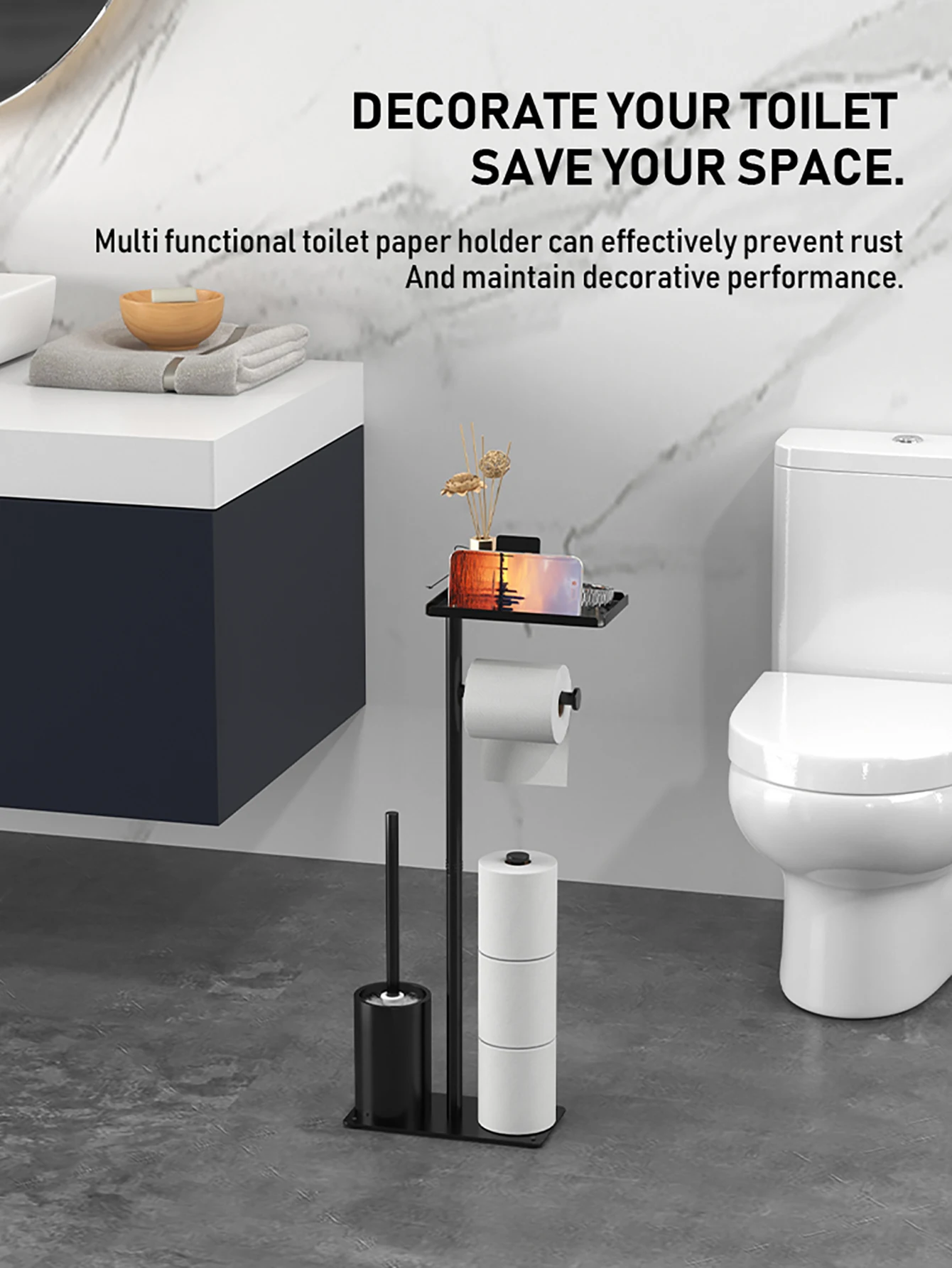 Multifunctional Vertical Toilet Paper Holder with Storage Tray And Magnetic Bracket Floor Standing Tissue Organizer