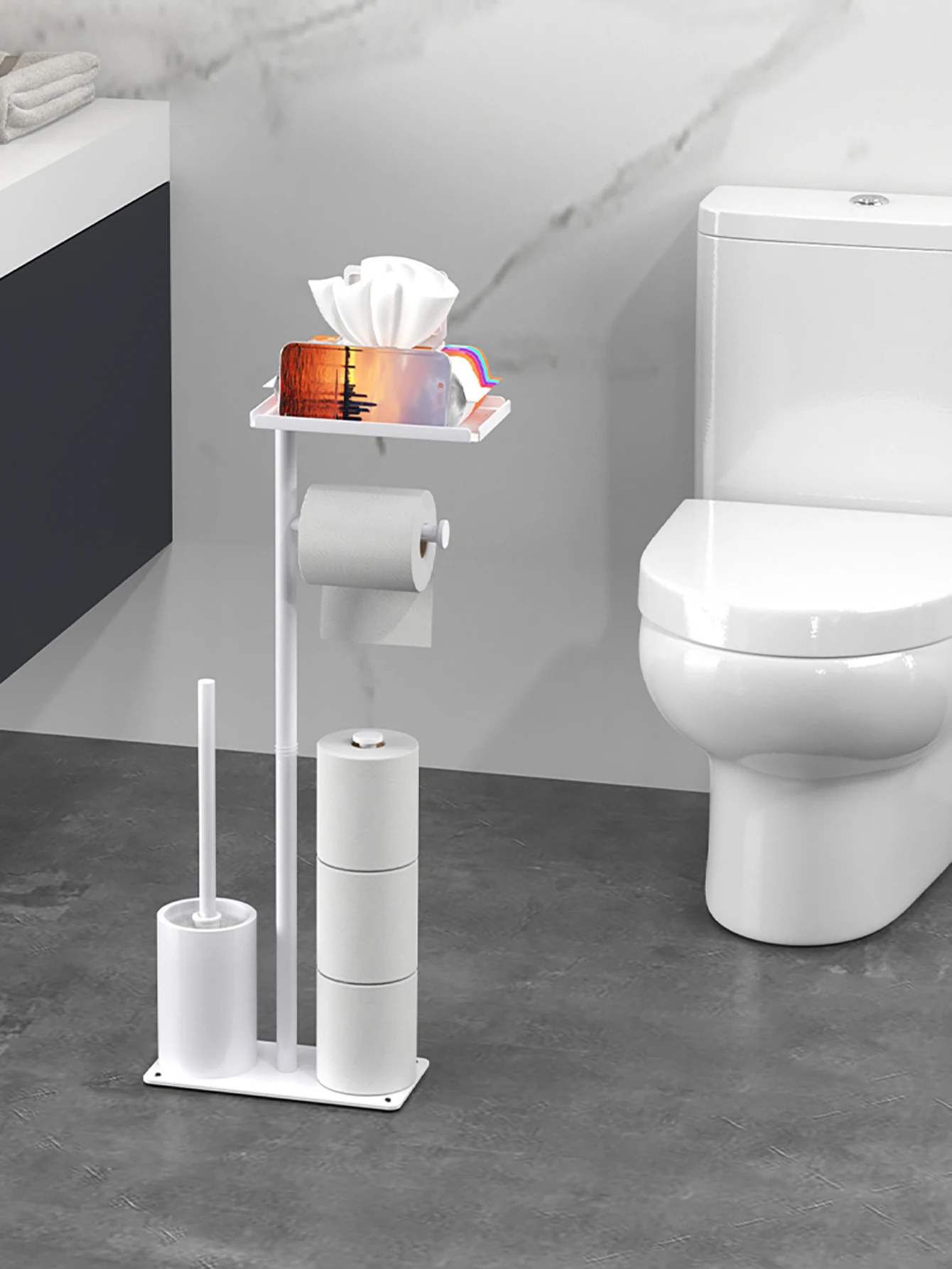 Multifunctional Vertical Toilet Paper Holder with Storage Tray And Magnetic Bracket Floor Standing Tissue Organizer