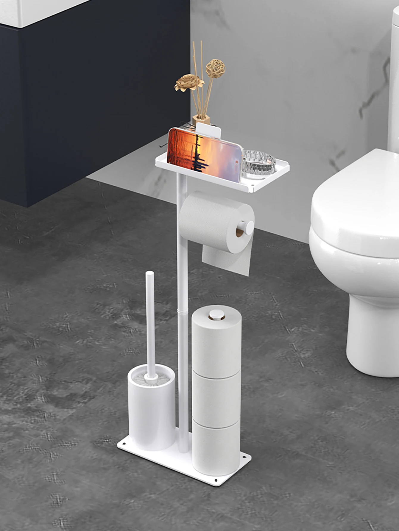 Multifunctional Vertical Toilet Paper Holder with Storage Tray And Magnetic Bracket Floor Standing Tissue Organizer