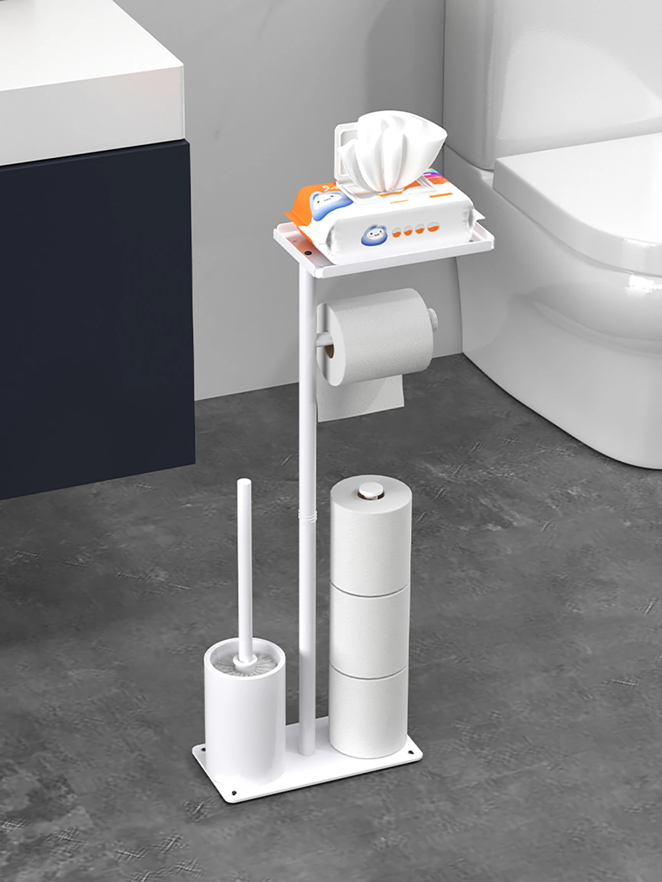 Multifunctional Vertical Toilet Paper Holder with Storage Tray And Magnetic Bracket Floor Standing Tissue Organizer