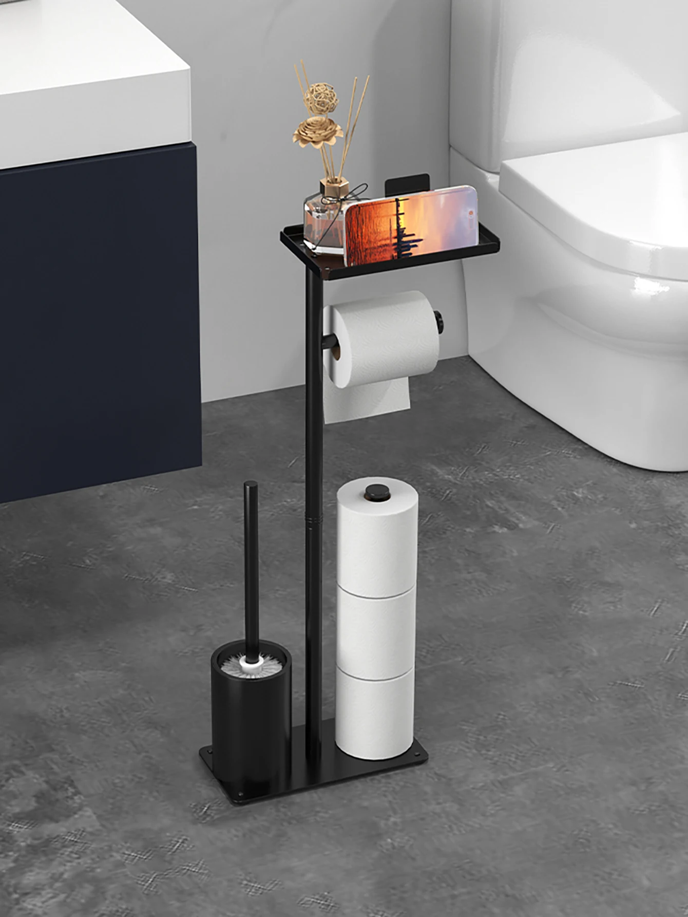 Multifunctional Vertical Toilet Paper Holder with Storage Tray And Magnetic Bracket Floor Standing Tissue Organizer