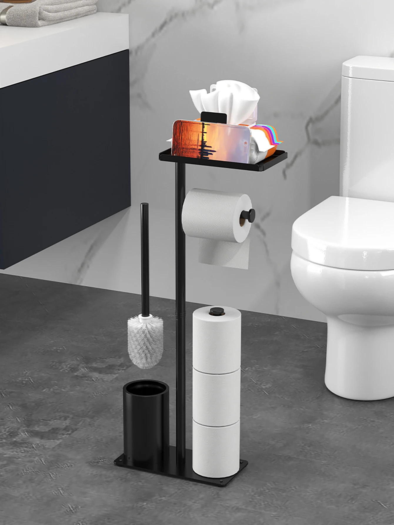 Multifunctional Vertical Toilet Paper Holder with Storage Tray And Magnetic Bracket Floor Standing Tissue Organizer