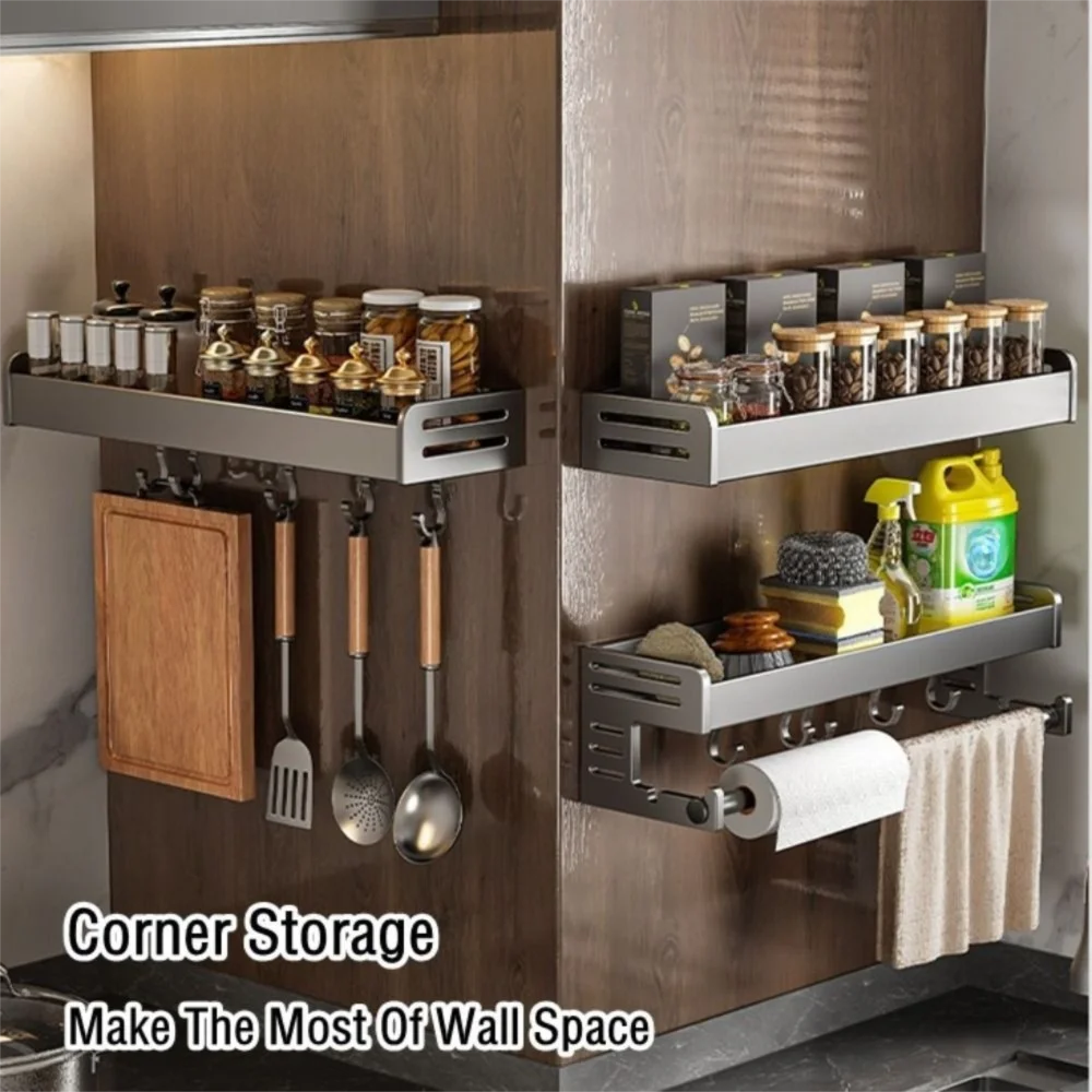 New Multifunctional Kitchen Spice Rack Wall Mounted with Hook Kitchen Organizer Space Saving Seasoning Rack Household