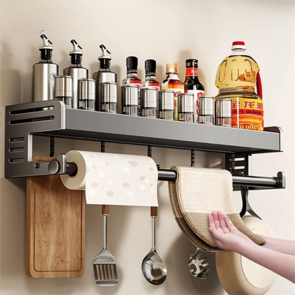 New Multifunctional Kitchen Spice Rack Wall Mounted with Hook Kitchen Organizer Space Saving Seasoning Rack Household