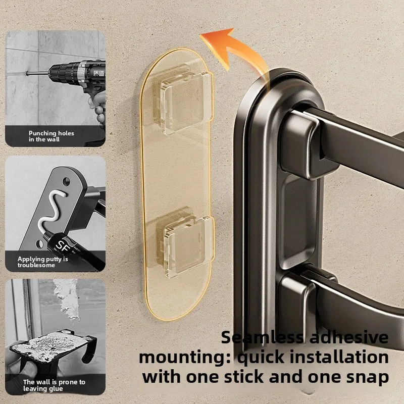 No Drill Bathroom Towel Rack Double Fold Towel Hanger Washroom Storage Shelf Integrated Bath Towel Organizer