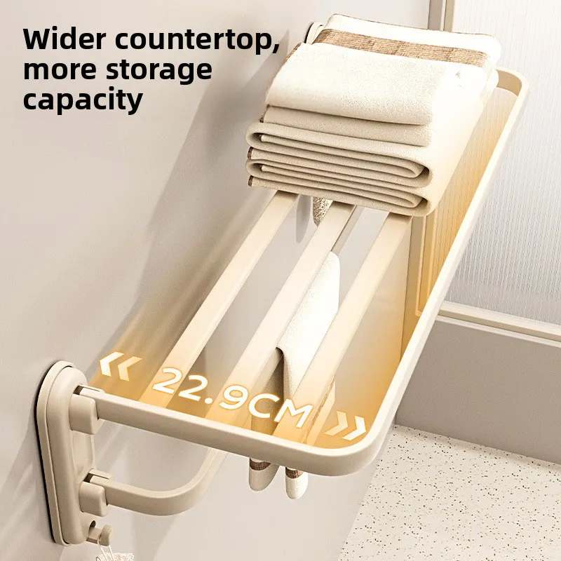 No Drill Bathroom Towel Rack Double Fold Towel Hanger Washroom Storage Shelf Integrated Bath Towel Organizer