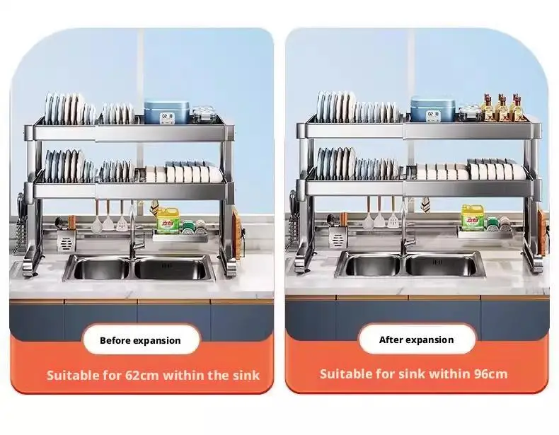 Over Sink Dish Drying Rack Stainless Steel Expandable Drain Bowl Holder Shelf Kitchen Counter Dish Storage Rack Hanger Shelves
