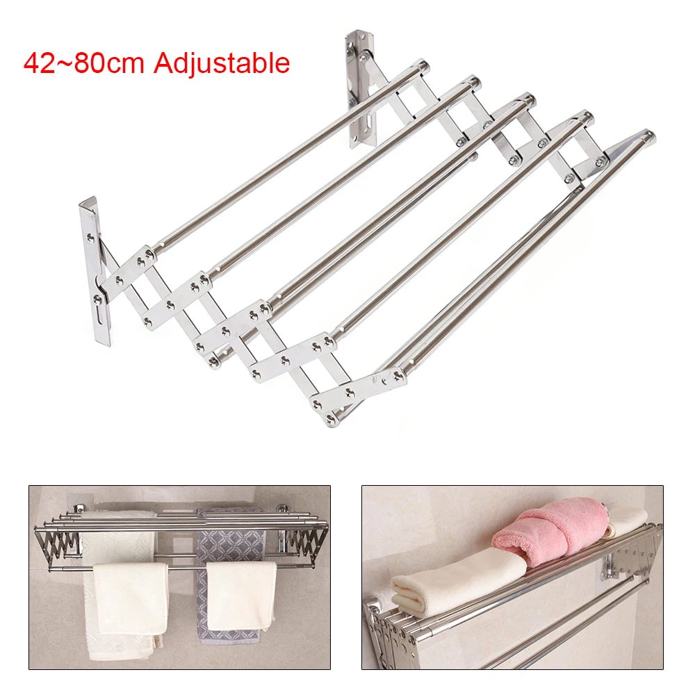 Stainless Steel Wall Mounted Laundry Drying Rack Length Adjustable 42~80cm, Foldable Towel Holder Bathroom Easy To Install