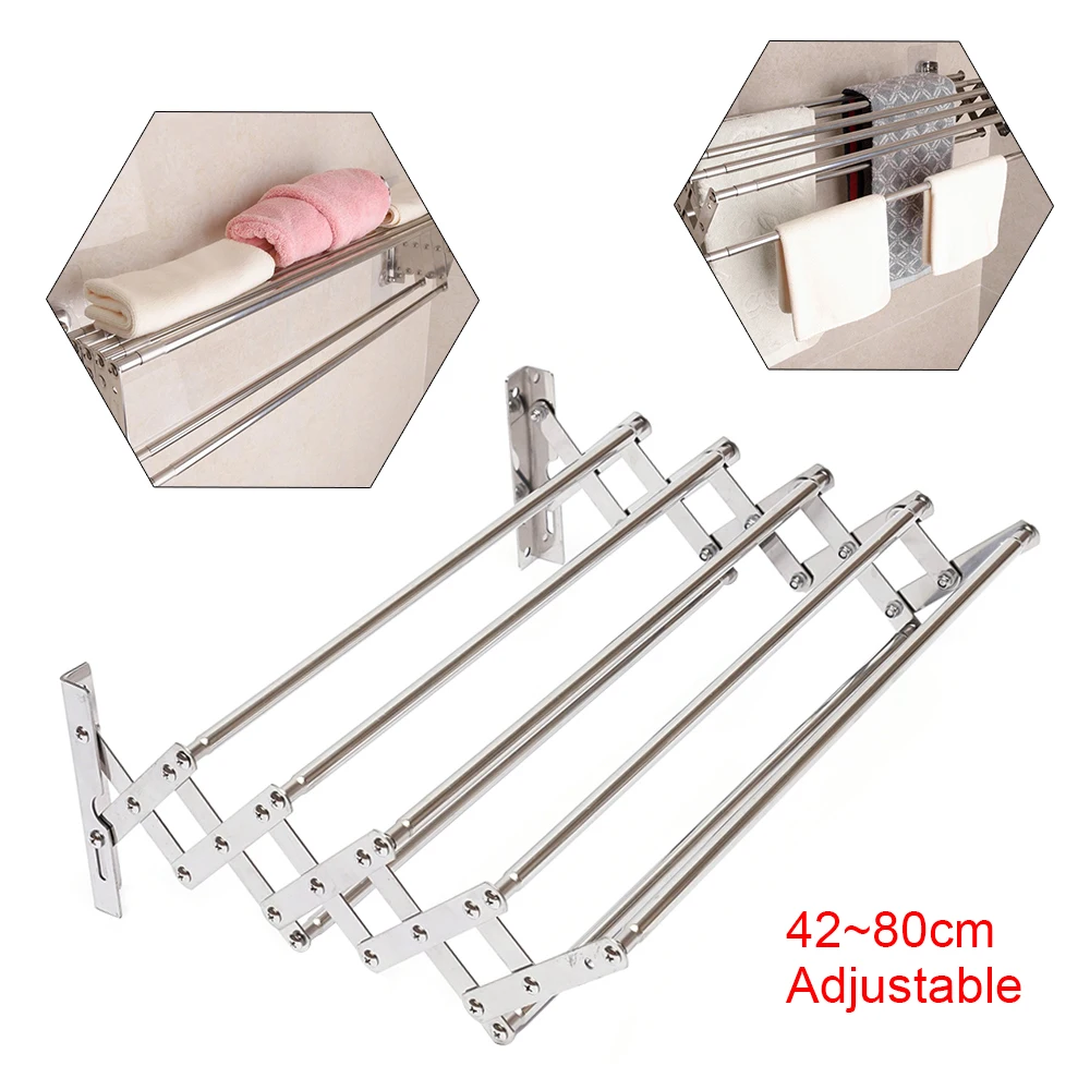 Stainless Steel Wall Mounted Laundry Drying Rack Length Adjustable 42~80cm, Foldable Towel Holder Bathroom Easy To Install