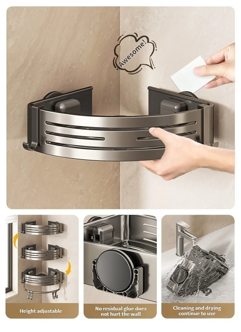 Suction Cup Perforation-Free Space Aluminum Bathroom Storage Shelf