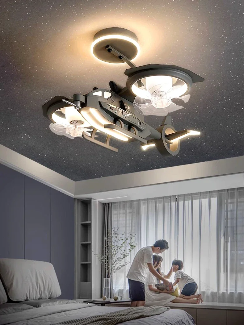 Airplane Fan Light Children's Room Boys' Bedroom Modern LED Light With Remote Control With Lighting Combat Helicopter Fan Light Airplane Fan Light Children's Room Boys' Bedroom Modern LED Light With Remote Control With Lighting Combat Helicopter Fan Light