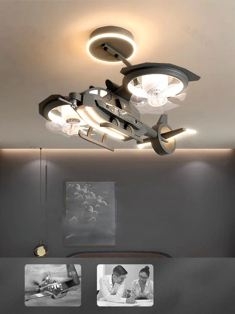 Airplane Fan Light Children's Room Boys' Bedroom Modern LED Light With Remote Control With Lighting Combat Helicopter Fan Light Airplane Fan Light Children's Room Boys' Bedroom Modern LED Light With Remote Control With Lighting Combat Helicopter Fan Light