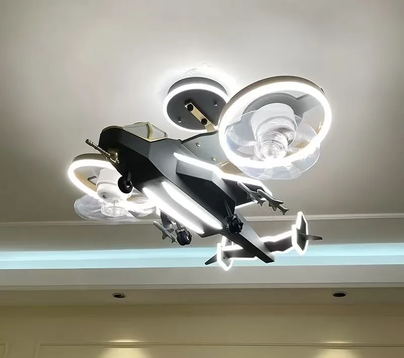 Airplane Fan Light Children's Room Boys' Bedroom Modern LED Light With Remote Control With Lighting Combat Helicopter Fan Light Airplane Fan Light Children's Room Boys' Bedroom Modern LED Light With Remote Control With Lighting Combat Helicopter Fan Light