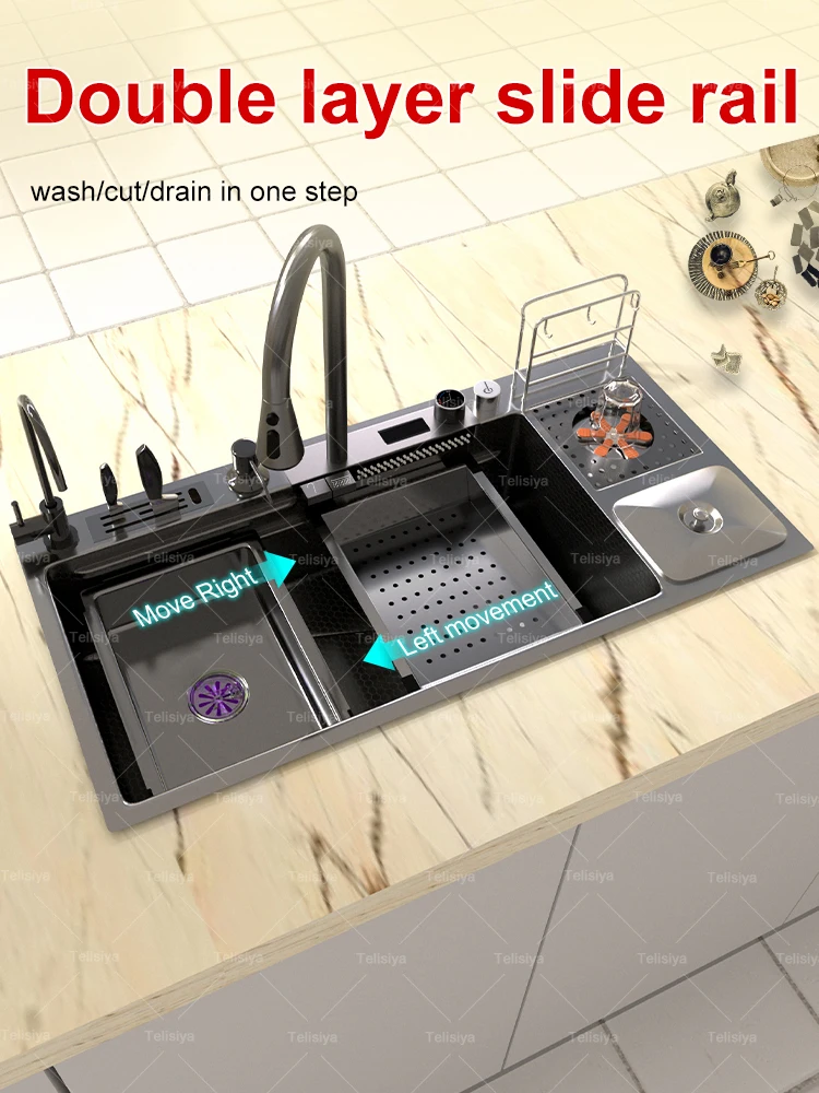 Modern Stainless Steel Waterfall Kitchen Sink Multifunctional Sinks Large Single Bowl With Trash Can Dish Vegetable Wash Modern Stainless Steel Waterfall Kitchen Sink Multifunctional Sinks Large Single Bowl With Trash Can Dish Vegetable Wash