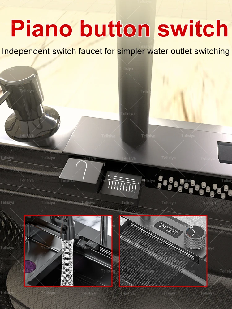 Modern Stainless Steel Waterfall Kitchen Sink Multifunctional Sinks Large Single Bowl With Trash Can Dish Vegetable Wash Modern Stainless Steel Waterfall Kitchen Sink Multifunctional Sinks Large Single Bowl With Trash Can Dish Vegetable Wash