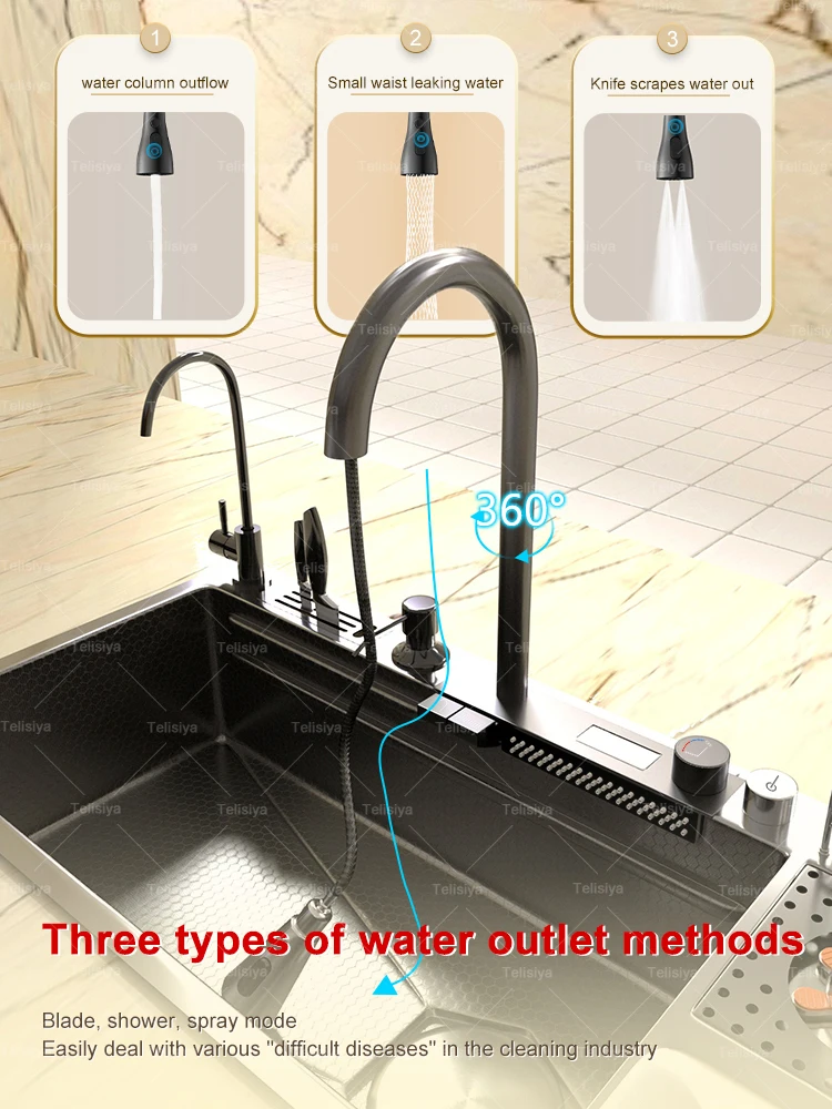 Modern Stainless Steel Waterfall Kitchen Sink Multifunctional Sinks Large Single Bowl With Trash Can Dish Vegetable Wash Modern Stainless Steel Waterfall Kitchen Sink Multifunctional Sinks Large Single Bowl With Trash Can Dish Vegetable Wash