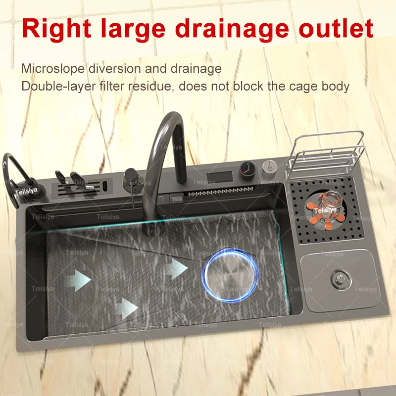 Modern Stainless Steel Waterfall Kitchen Sink Multifunctional Sinks Large Single Bowl With Trash Can Dish Vegetable Wash Modern Stainless Steel Waterfall Kitchen Sink Multifunctional Sinks Large Single Bowl With Trash Can Dish Vegetable Wash