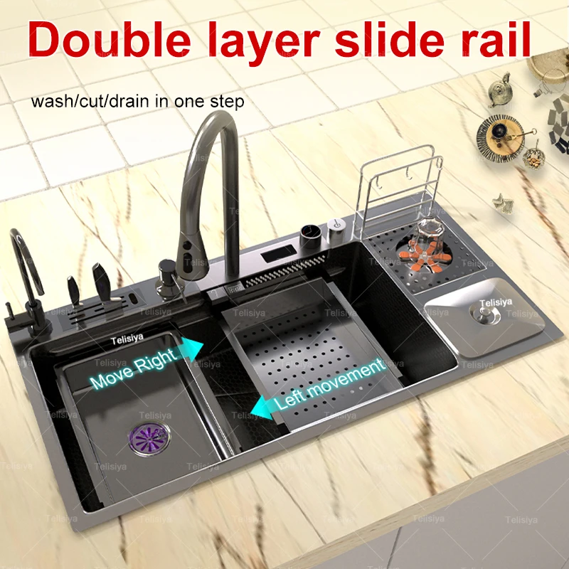 Modern Stainless Steel Waterfall Kitchen Sink Multifunctional Sinks Large Single Bowl With Trash Can Dish Vegetable Wash Modern Stainless Steel Waterfall Kitchen Sink Multifunctional Sinks Large Single Bowl With Trash Can Dish Vegetable Wash