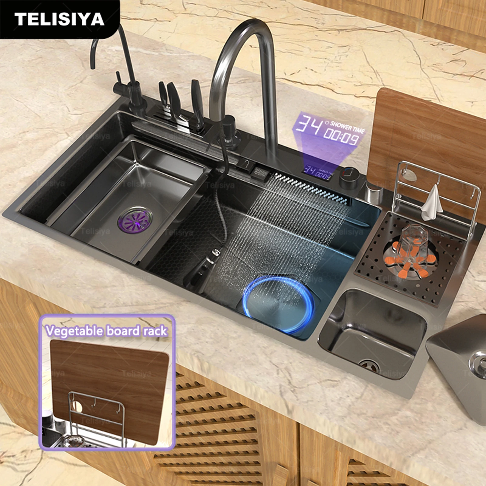 Modern Stainless Steel Waterfall Kitchen Sink Multifunctional Sinks Large Single Bowl With Trash Can Dish Vegetable Wash Modern Stainless Steel Waterfall Kitchen Sink Multifunctional Sinks Large Single Bowl With Trash Can Dish Vegetable Wash
