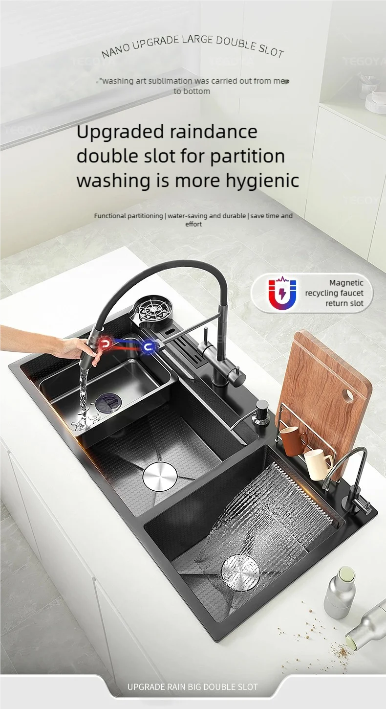 Multifunctional Waterfall Outlet Kitchen Sink Gray Dish and Vegetable Wash Basin Multifunctional Waterfall Outlet Kitchen Sink Gray Dish and Vegetable Wash Basin