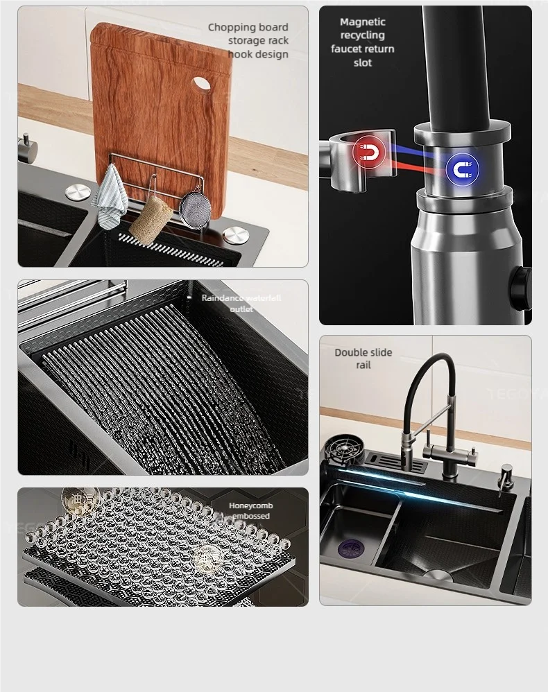 Multifunctional Waterfall Outlet Kitchen Sink Gray Dish and Vegetable Wash Basin Multifunctional Waterfall Outlet Kitchen Sink Gray Dish and Vegetable Wash Basin